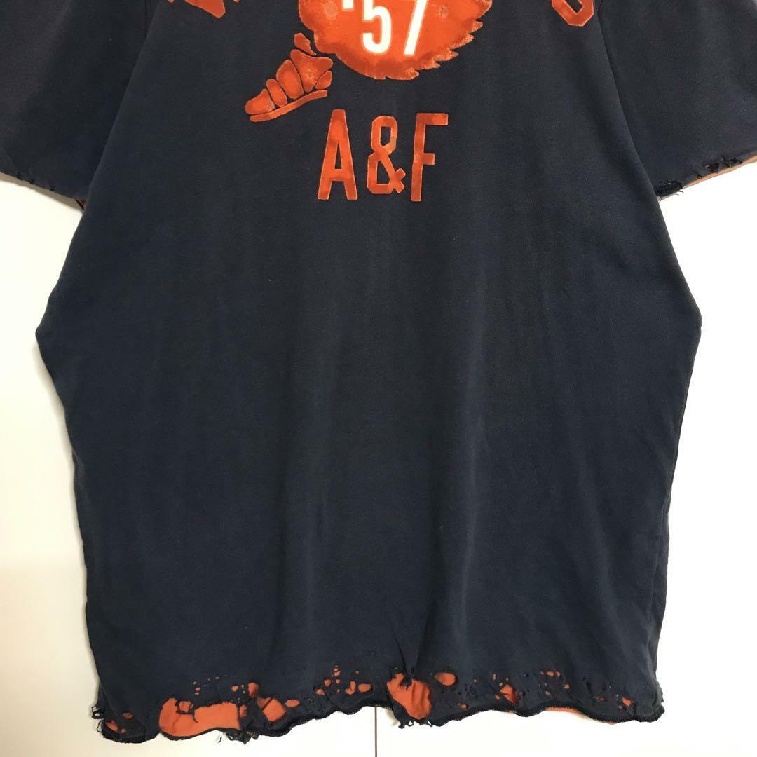 Abercrombie&Fitch(アバクロンビーアンドフィッチ)の【ダメージ加工】アバクロンビー＆フィッチ　ベロアロゴ入りTシャツ　H797 メンズのトップス(Tシャツ/カットソー(半袖/袖なし))の商品写真