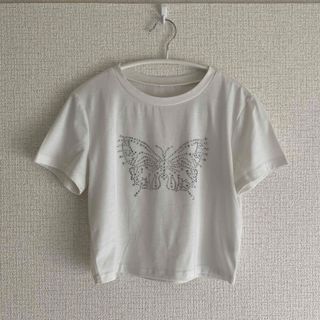 蝶々 ラインストーン クルーネックショートTシャツ ホワイト(Tシャツ(半袖/袖なし))