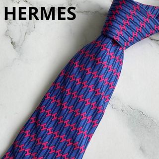 エルメス(Hermes)の美品★エルメス★ネクタイ★シルク★H柄★100%★ブルー×ピンク★フランス製(ネクタイ)