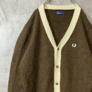 フレッドペリー(FRED PERRY)の【希少XL、モヘアカーディガン】FRED PERRYワンポイント刺繍ロゴ古着茶(カーディガン)