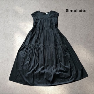 Simplicite - シンプリシテェ コットン100% ロングティアード ワンピース 刺繍 黒