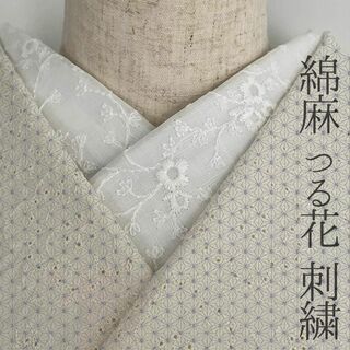 半衿 白 綿麻 つる花の刺繍 コットンリネン 半襟 綿麻レース オールシーズン(和装小物)