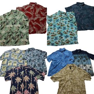 古着卸 まとめ売り レーヨン系 アロハシャツ 半袖シャツ 10枚セット (メンズ L /XL ) リーフ柄 パイナップル ヤシの木 MS8994(シャツ)