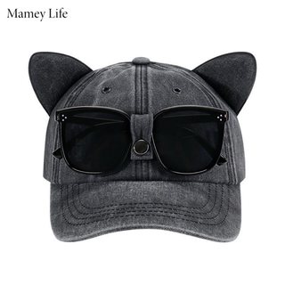 Mamey Life 猫耳帽子、女性男性サングラス、可愛い野球帽、洋風鴨舌帽