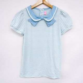 メゾピアノ 半袖Ｔシャツ トップス ボーダー柄 リボン衿 キッズ 女の子用 M(150)サイズ ブルー mezzo piano(Tシャツ/カットソー)