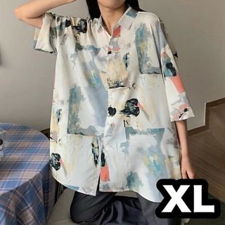 38【新品】総柄ビッグシルエットシャツブラウス 半袖 レディース XL LL(シャツ/ブラウス(半袖/袖なし))