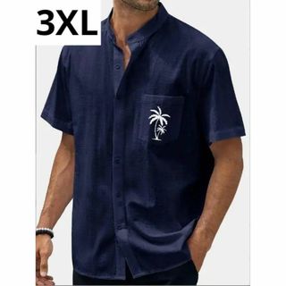 訳メンズシャツ（紺/3XLサイズ 春夏秋ヤシの木シンプルロゴプリントＴシャツ洋服(シャツ)