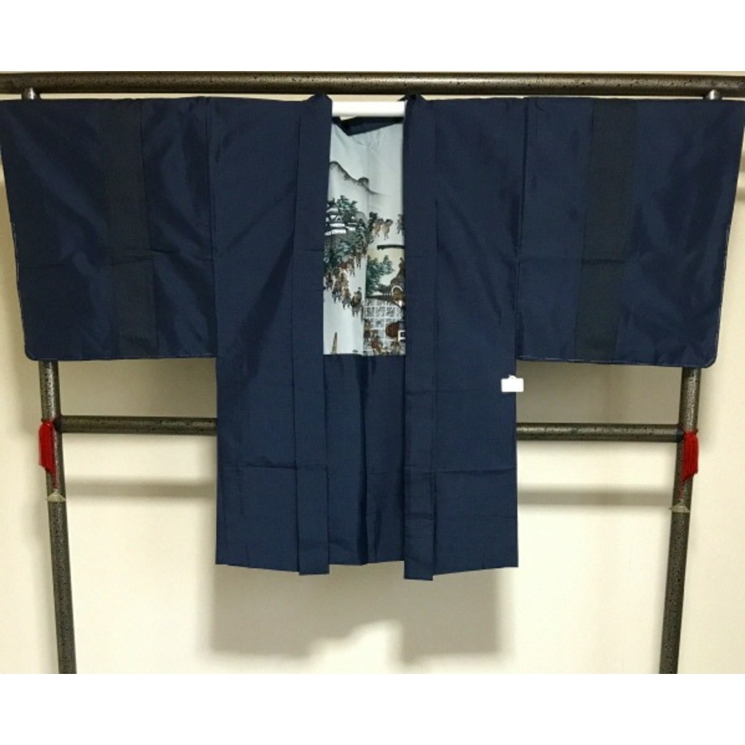 【中古】羽織 男物 正絹 黒地に蚊絣文様 裄75 2Lサイズ リメイク【福服特製】 メンズの水着/浴衣(着物)の商品写真