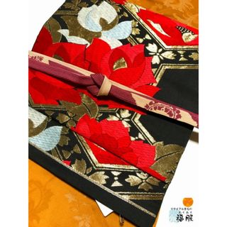 【中古】袋帯 正絹 黒地に薔薇文様 六通柄(帯)