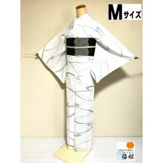 【中古】小紋 化繊 白地に流水模様 裄64cm 夏着物 Mサイズ (着物)