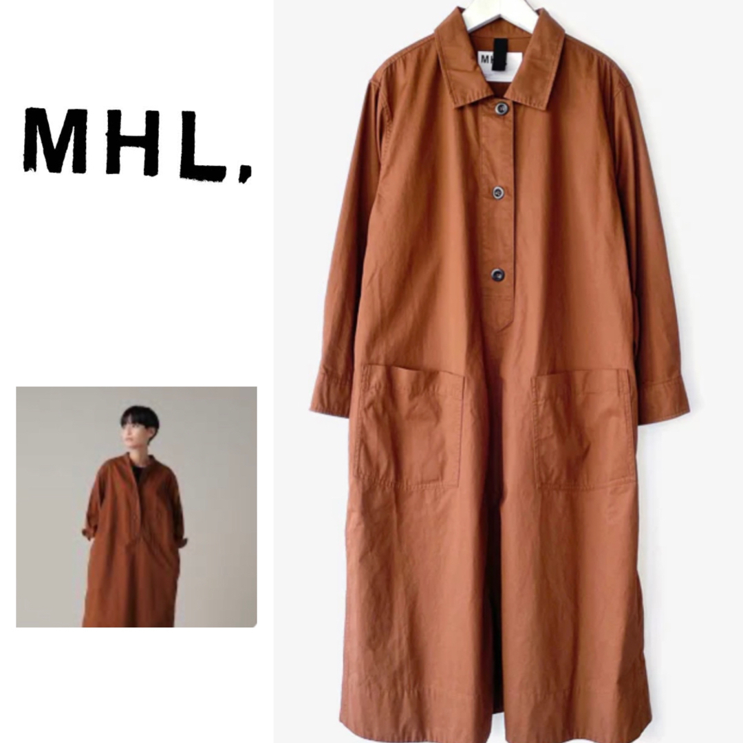 MHL.(エムエイチエル)のMHL. エムエイチエル シャツワンピース ロング丈 コットン 長袖 ブラウン レディースのワンピース(ロングワンピース/マキシワンピース)の商品写真