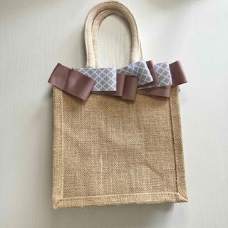 MUJI (無印良品) - ジュートバッグ　ミニトートバッグ　リボン　モロッカン　グレー　ベージュ　A6