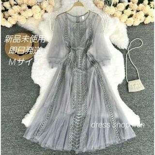 新品 ドレス グレー レース 刺繍 ワンピース キャバ ワンピース　M　結婚式(ミディアムドレス)