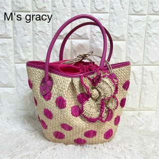 エムズグレイシー(M'S GRACY)の美品♡M's gracy ラフィア　牛革　トートバッグ　カゴバッグ　ドット　花(かごバッグ/ストローバッグ)