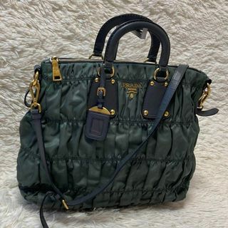 プラダ(PRADA)のPRADA ハンドバッグ　2way ギャザー　カーキ　ショルダー　ゴールド金具(ハンドバッグ)