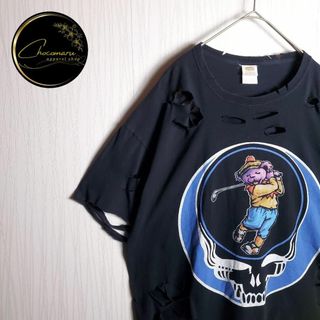 ヴィンテージ(VINTAGE)のボロTシャツ ビッグプリント 半袖 リメイク ダメージ加工 XL 黒 古着 ②(Tシャツ/カットソー(半袖/袖なし))