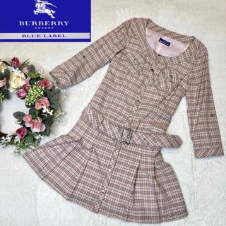 バーバリーブルーレーベル(BURBERRY BLUE LABEL)の【美品】バーバリーブルーレーベル ノバチェック長袖シャツワンピース ベルト付(ひざ丈ワンピース)