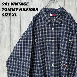 トミーヒルフィガー(TOMMY HILFIGER)の90sヴィンテージ古着　トミーヒルフィガー刺繍ロゴプリントチェック柄シャツ　XL(シャツ)