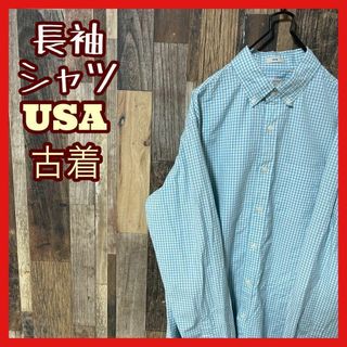 ボタンダウン メンズ チェック 水色 M シャツ USA古着 90s 長袖(シャツ)