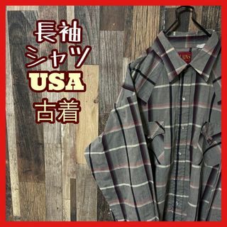 アメカジ L メンズ グレー チェック シャツ USA古着 90s 長袖(シャツ)