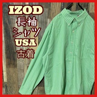 アイゾッド ストライプ グリーン メンズ L シャツ USA古着 90s 長袖(シャツ)