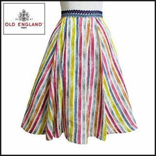 オールドイングランド(OLD ENGLAND)の【OLD ENGLAND】マルチストライプ　タックスカート　麻　リネン(ひざ丈スカート)