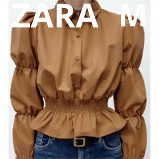 ザラ(ZARA)のZARA ブラウス ペプラム ビジューボタン ブラウンベージュ Mサイズ(シャツ/ブラウス(長袖/七分))