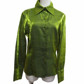 セリーヌ CELINE 美品 サテンシャツ ブラウス 長袖 黄緑 38 約M相当