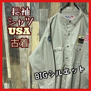 グレー メンズ XL ワッペン ワーク ボタンダウン シャツ 古着 90s 長袖(シャツ)