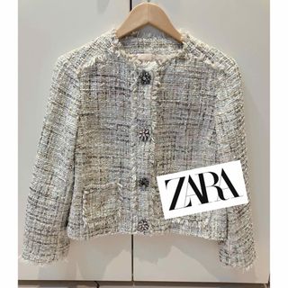 ZARA - 美品　zara ザラ　ツイード　ビジュー　ジャケット　白　ピンク　ラメ　L