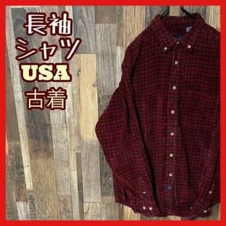 コーディロイ チェック ボタンダウン レッド M メンズ シャツ 古着 長袖(シャツ)