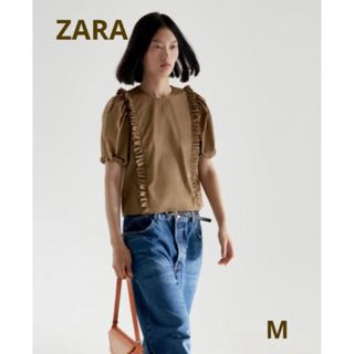 ザラ(ZARA)の新品タグ付 ZARA フリル付ポプリンブラウス M(シャツ/ブラウス(半袖/袖なし))