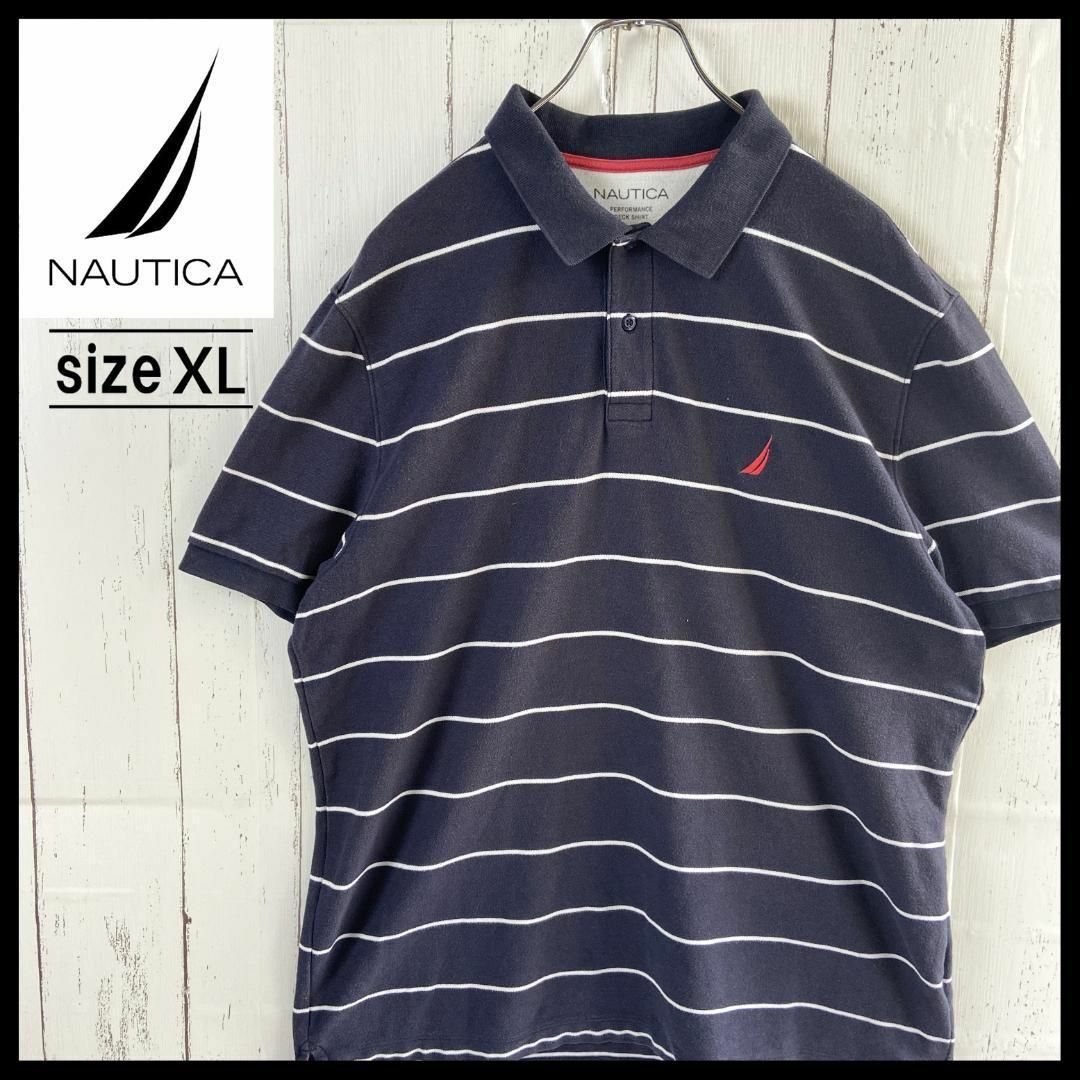 NAUTICA(ノーティカ)のノーティカ NAUTICA ポロシャツ 刺繍ロゴ 古着 ボーダー ネイビー XL メンズのトップス(ポロシャツ)の商品写真