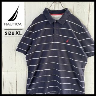 ノーティカ(NAUTICA)のノーティカ NAUTICA ポロシャツ 刺繍ロゴ 古着 ボーダー ネイビー XL(ポロシャツ)