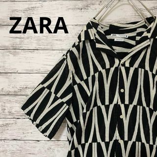 ZARA - ZARA シワ加工 総柄オープンカラーシャツ 半袖シャツ 開襟シャツ モノクロ