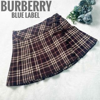 バーバリーブルーレーベル(BURBERRY BLUE LABEL)の【極美品】バーバリーBL プリーツラップミニスカート 牛革ベルト チェック 茶(ミニスカート)