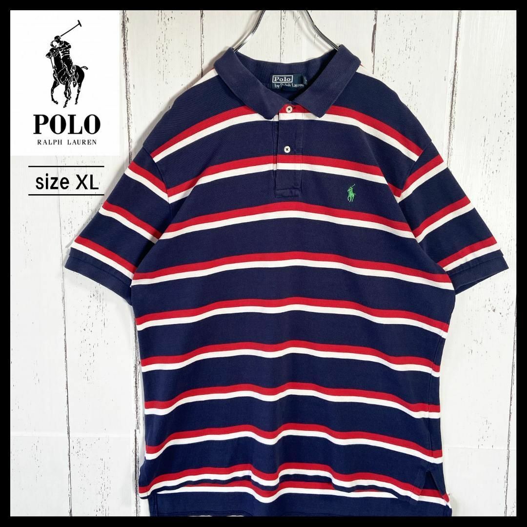 POLO RALPH LAUREN(ポロラルフローレン)のポロラルフローレン ポロシャツ 刺繡ロゴ 90s 古着 ボーダー XL ネイビー メンズのトップス(ポロシャツ)の商品写真