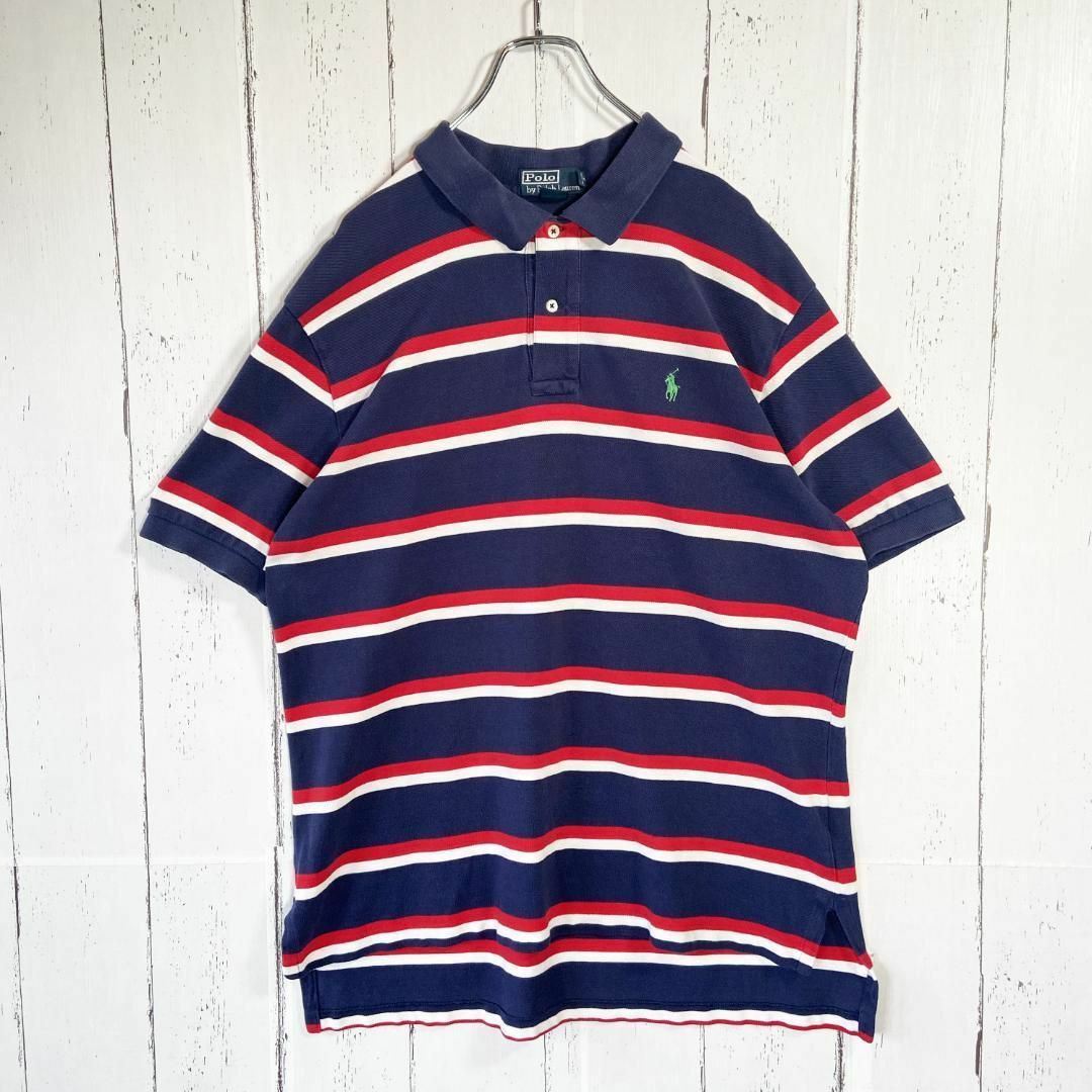 POLO RALPH LAUREN(ポロラルフローレン)のポロラルフローレン ポロシャツ 刺繡ロゴ 90s 古着 ボーダー XL ネイビー メンズのトップス(ポロシャツ)の商品写真