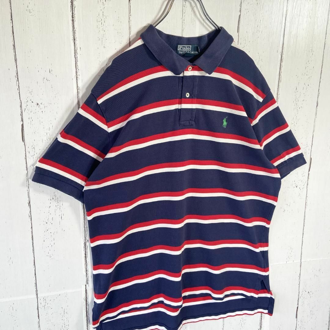 POLO RALPH LAUREN(ポロラルフローレン)のポロラルフローレン ポロシャツ 刺繡ロゴ 90s 古着 ボーダー XL ネイビー メンズのトップス(ポロシャツ)の商品写真