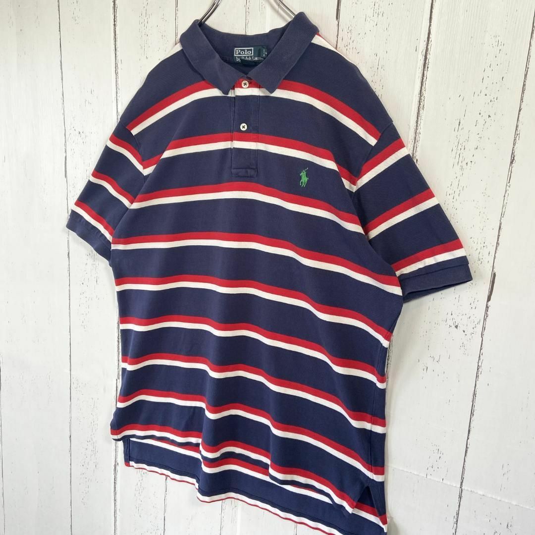 POLO RALPH LAUREN(ポロラルフローレン)のポロラルフローレン ポロシャツ 刺繡ロゴ 90s 古着 ボーダー XL ネイビー メンズのトップス(ポロシャツ)の商品写真