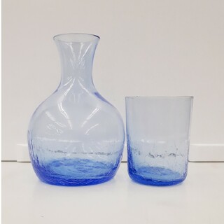 新品未使用　冠水瓶　ブルー　クラック　ガラス製　昭和レトロ　ピッチャー　水差し(グラス/カップ)
