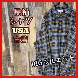 メンズ チェック ネイビー ゆるダボ XL アメカジ シャツ 古着 90s 長袖(シャツ)