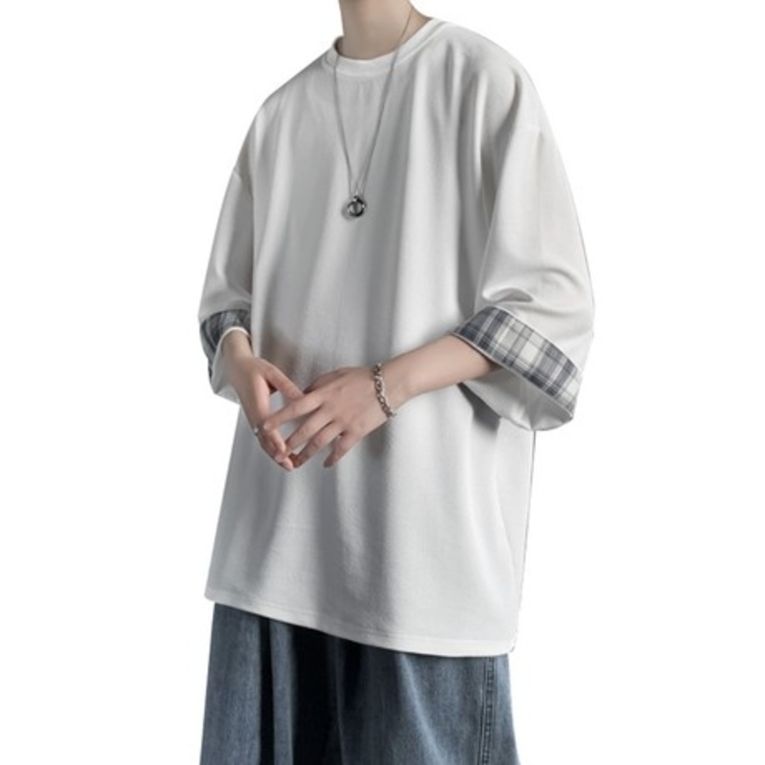 七分袖 Tシャツ チェック柄 ビッグシルエット オーバーサイズ XL  ホワイト メンズのトップス(Tシャツ/カットソー(七分/長袖))の商品写真