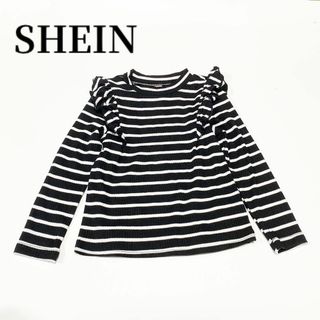 SHINEシーイン肩フリルボーダーニットトップスブラックアイボリー2-3y子供服(ニット)