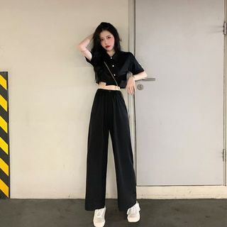 【お買い得】半袖 パンツ 黒 レディース セットアップ クロップド丈 M 韓国(Tシャツ(半袖/袖なし))