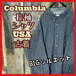 コロンビア(Columbia)のコロンビア 2XL メンズ チェック ネイビー ロゴ シャツ 古着 90s 長袖(シャツ)