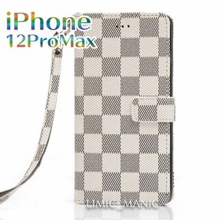 iPhone 12 ProMax 手帳型ケース 市松模様 白 チェック ホワイト(iPhoneケース)
