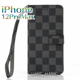 iPhone 12 ProMax 手帳型ケース 黒 市松模様 チェック ブラック(iPhoneケース)