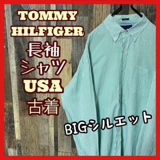 トミーヒルフィガー(TOMMY HILFIGER)のトミーヒルフィガー ミント ストライプ メンズ XL シャツ 古着 90s 長袖(シャツ)