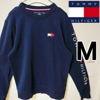 TOMMY HILFIGER - トミーヒルフィガー 紺 スウェット トレーナー 長袖 裏毛 メンズM 袖ロゴ